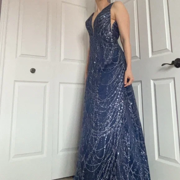 Full Length Navy Glitter Tulle and Satin Gown - Picture 12 of 16